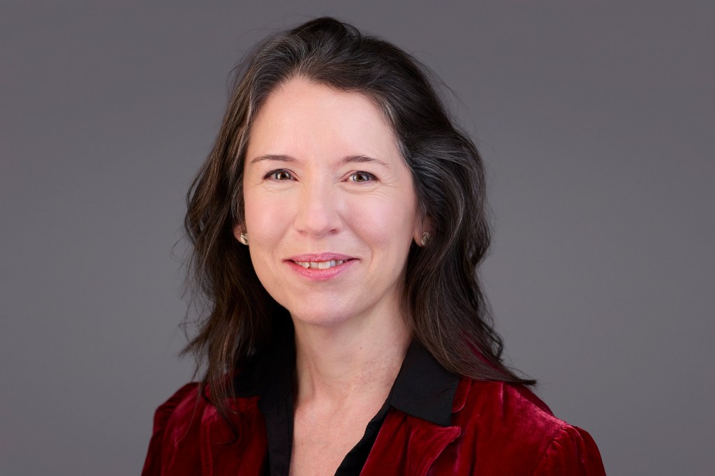 Head and shoulders of a smiling woman, against a grey background. She has shoulder length brown hair, with light grey at the temples. red velvet jacket, silver earrings, black shirt. This is Gill Kirk.